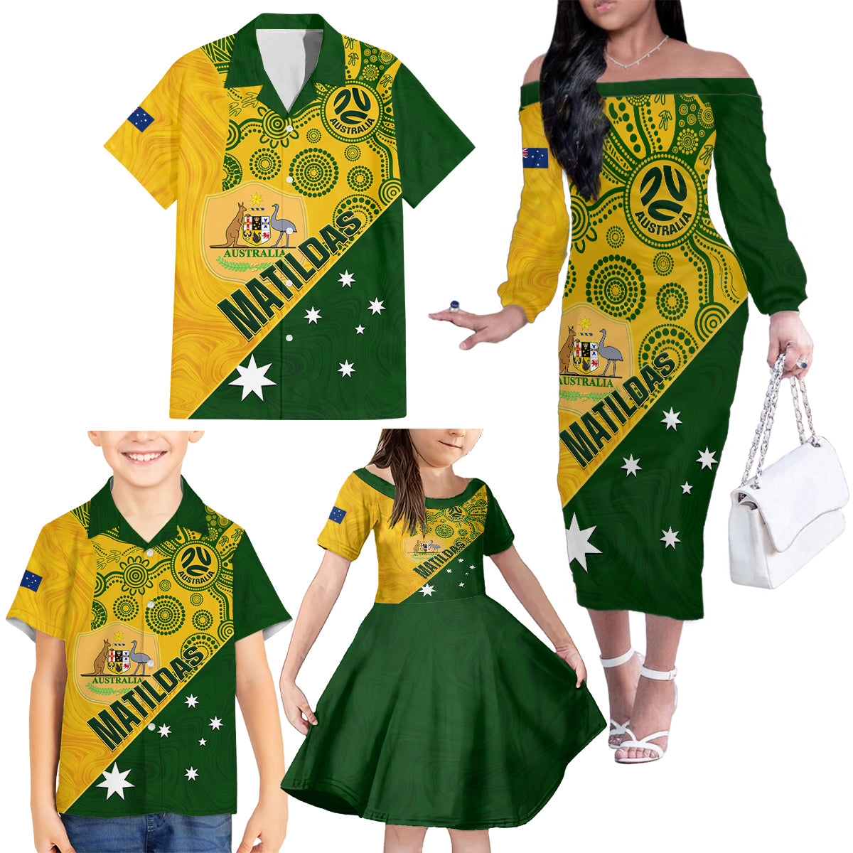 matildas-soccer-family-matching-off-shoulder-long-sleeve-dress-and-hawaiian-shirt-australian-indigenous-national-color