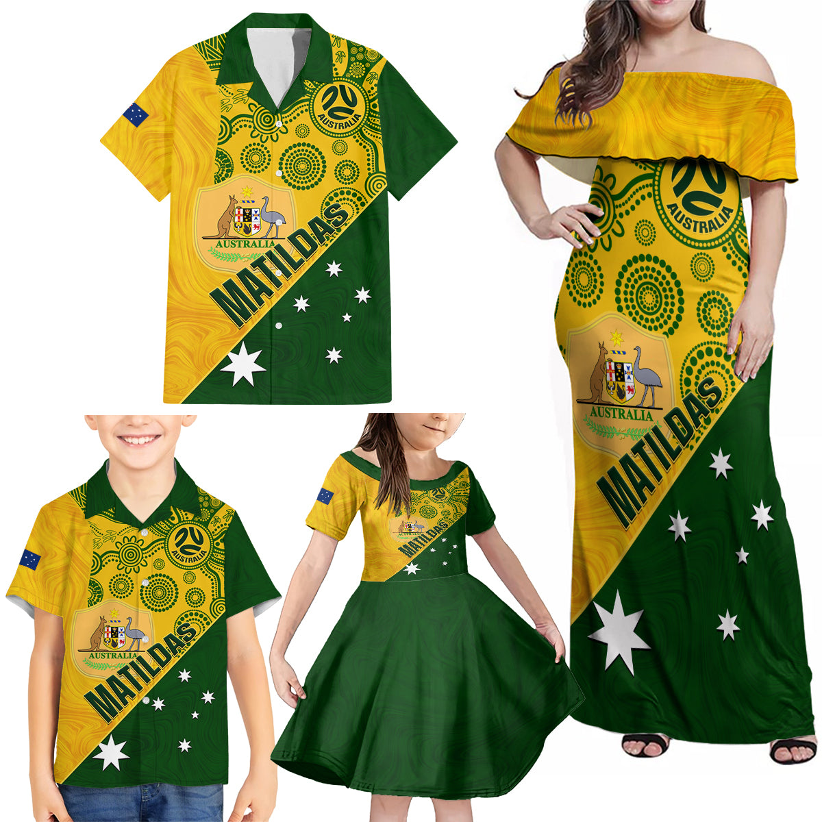 matildas-soccer-family-matching-off-shoulder-maxi-dress-and-hawaiian-shirt-australian-indigenous-national-color