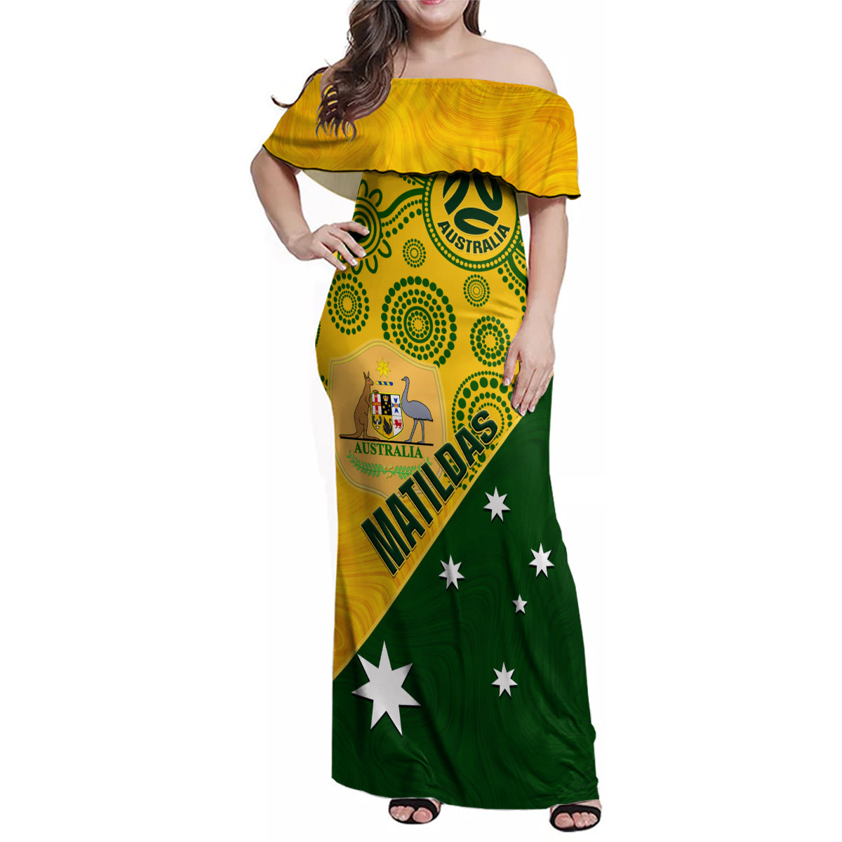 matildas-soccer-family-matching-off-shoulder-maxi-dress-and-hawaiian-shirt-australian-indigenous-national-color