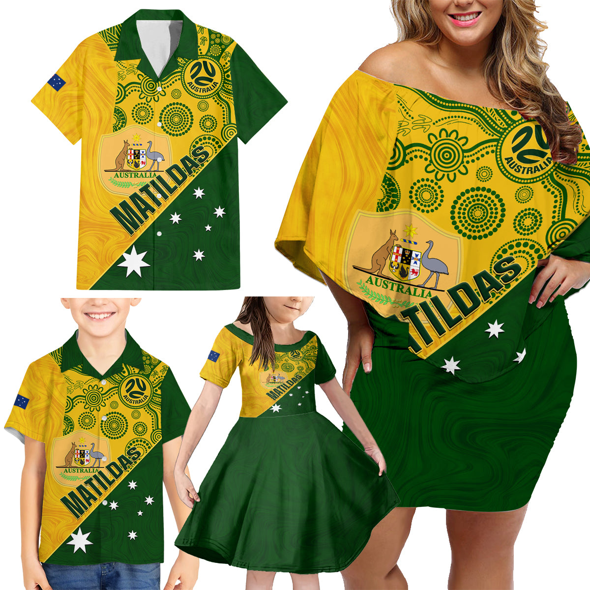 matildas-soccer-family-matching-off-shoulder-short-dress-and-hawaiian-shirt-australian-indigenous-national-color