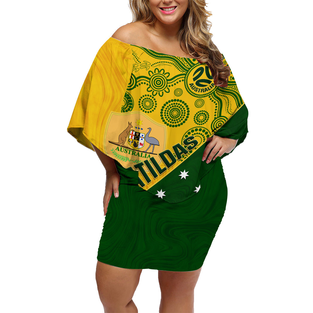 matildas-soccer-family-matching-off-shoulder-short-dress-and-hawaiian-shirt-australian-indigenous-national-color