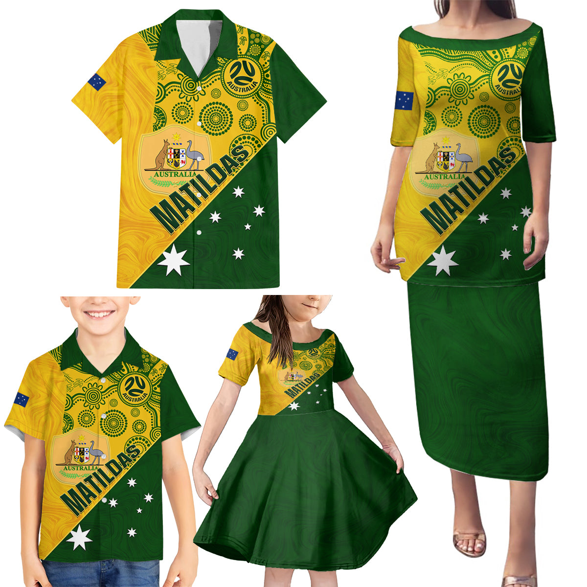 matildas-soccer-family-matching-puletasi-dress-and-hawaiian-shirt-australian-indigenous-national-color