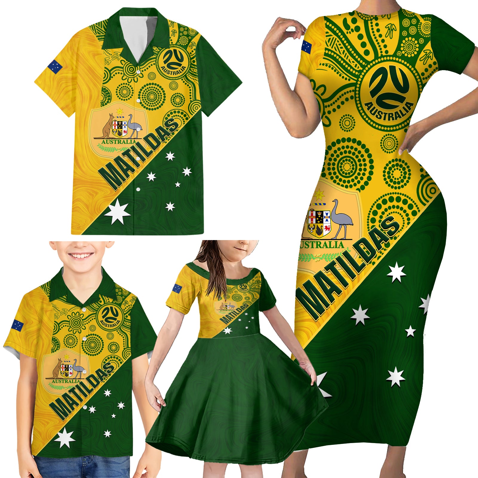 matildas-soccer-family-matching-short-sleeve-bodycon-dress-and-hawaiian-shirt-australian-indigenous-national-color