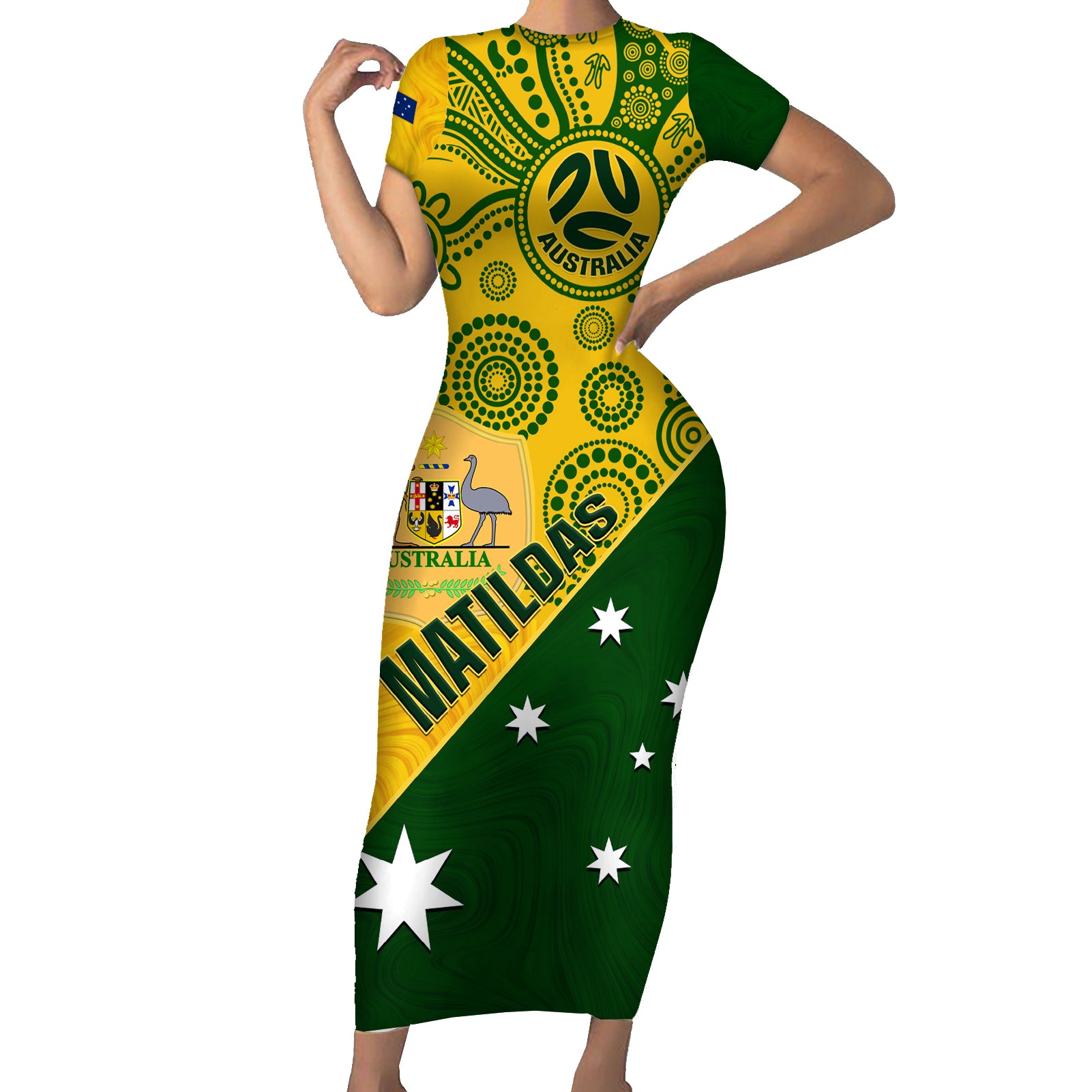 matildas-soccer-family-matching-short-sleeve-bodycon-dress-and-hawaiian-shirt-australian-indigenous-national-color