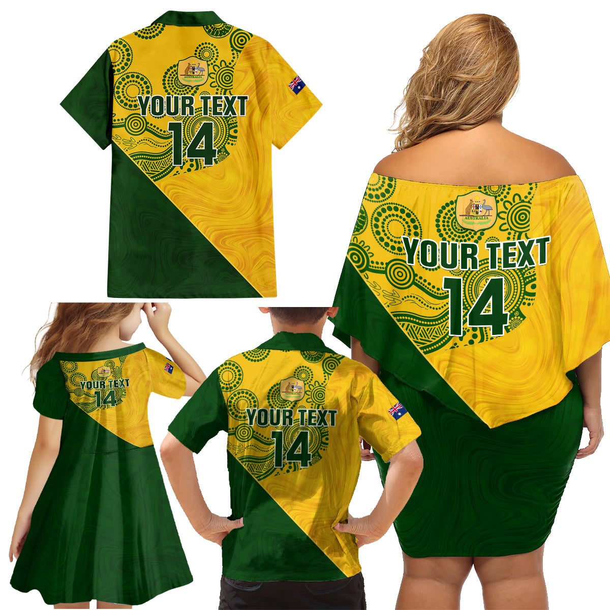 custom-matildas-soccer-family-matching-off-shoulder-short-dress-and-hawaiian-shirt-australian-indigenous-national-color