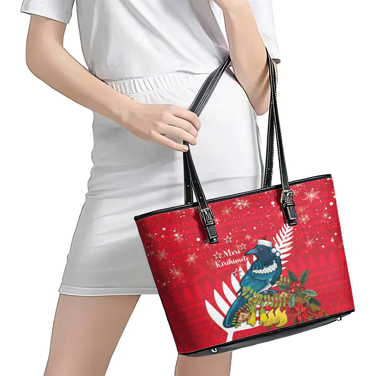 New Zealand Christmas In July Leather Tote Bag Tui Bird With Kowhai Meri Kirihimete