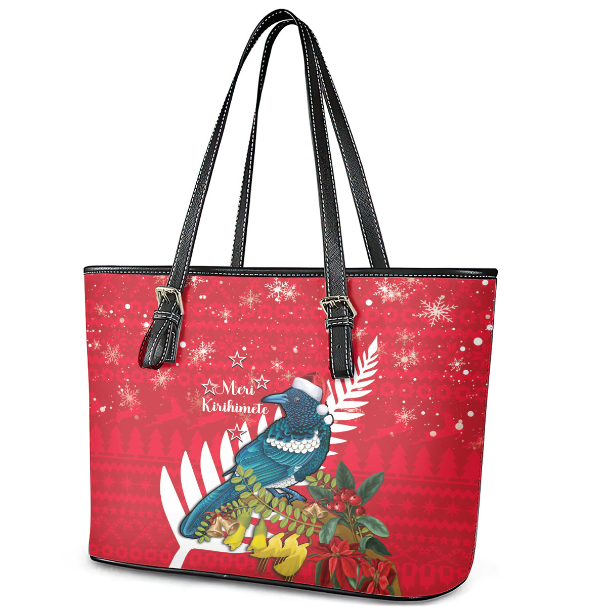 New Zealand Christmas In July Leather Tote Bag Tui Bird With Kowhai Meri Kirihimete