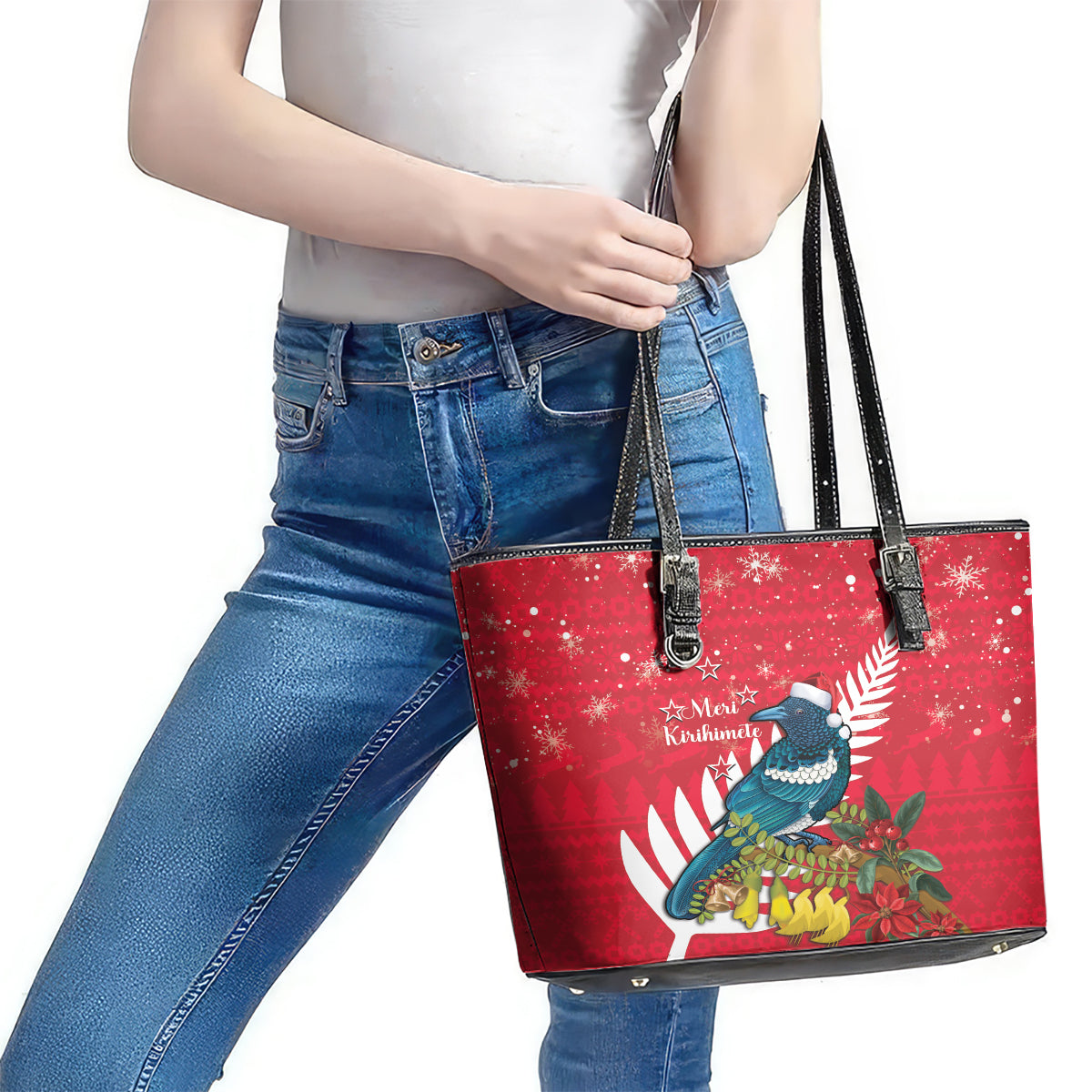 New Zealand Christmas In July Leather Tote Bag Tui Bird With Kowhai Meri Kirihimete