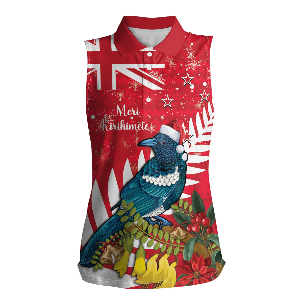 New Zealand Christmas In July Women Sleeveless Polo Shirt Tui Bird With Kowhai Meri Kirihimete