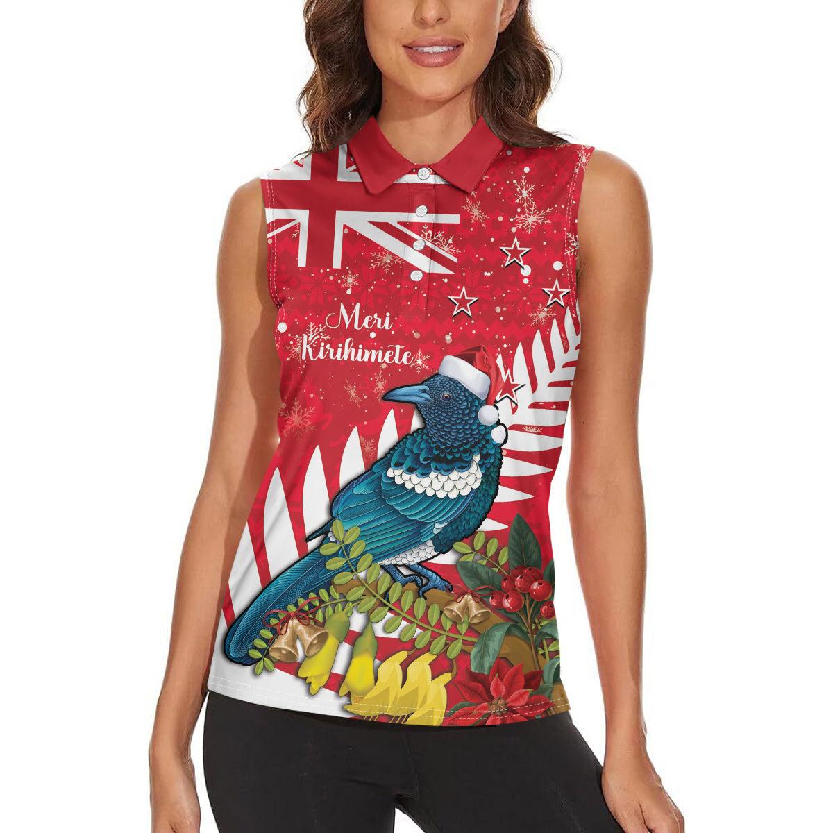 New Zealand Christmas In July Women Sleeveless Polo Shirt Tui Bird With Kowhai Meri Kirihimete