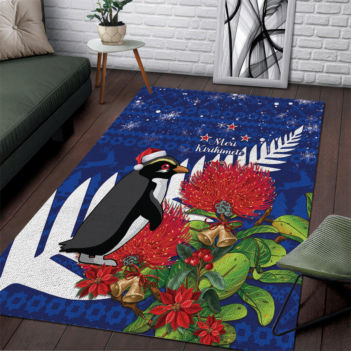 New Zealand Christmas In July Area Rug Fiordland Penguin With Pohutukawa Flower