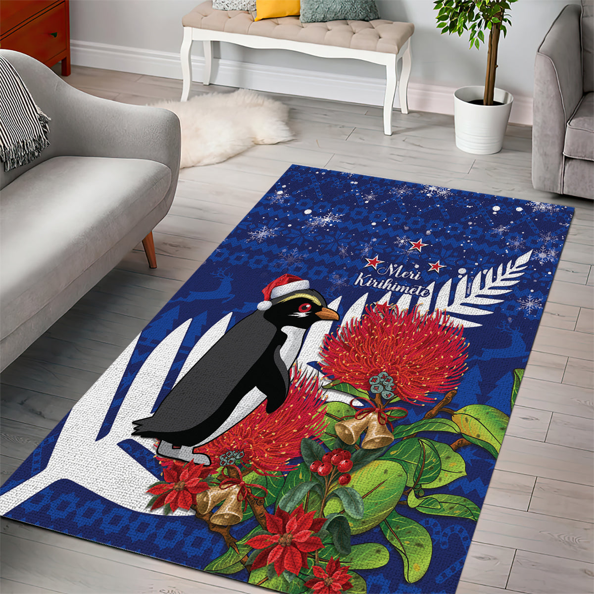 New Zealand Christmas In July Area Rug Fiordland Penguin With Pohutukawa Flower