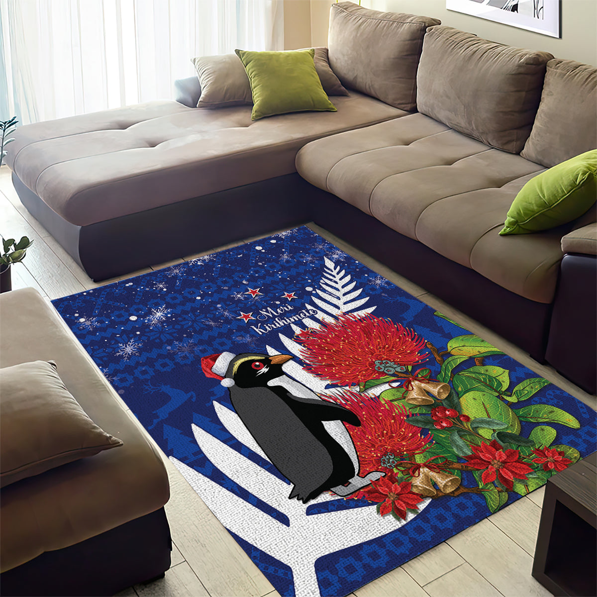 New Zealand Christmas In July Area Rug Fiordland Penguin With Pohutukawa Flower