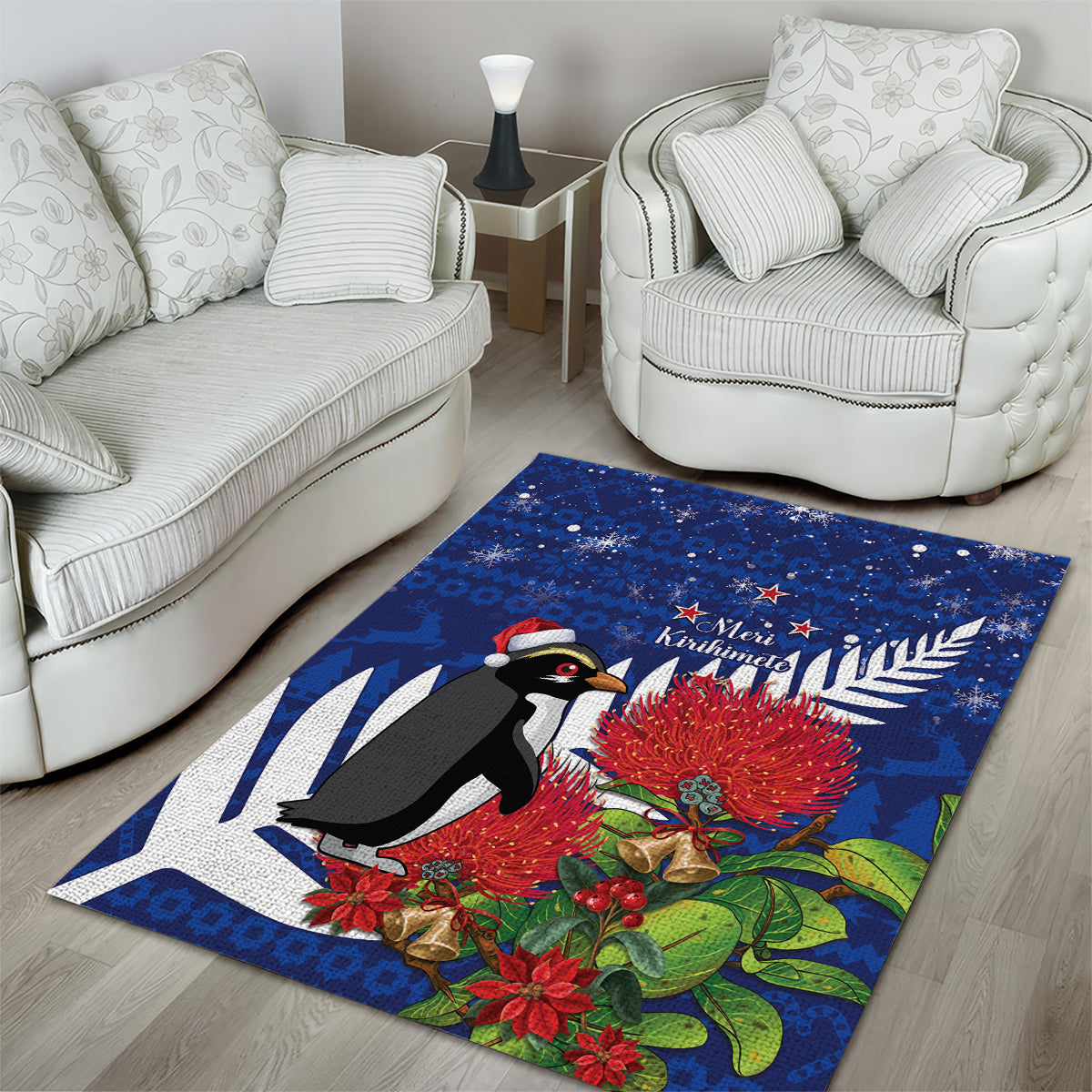 New Zealand Christmas In July Area Rug Fiordland Penguin With Pohutukawa Flower