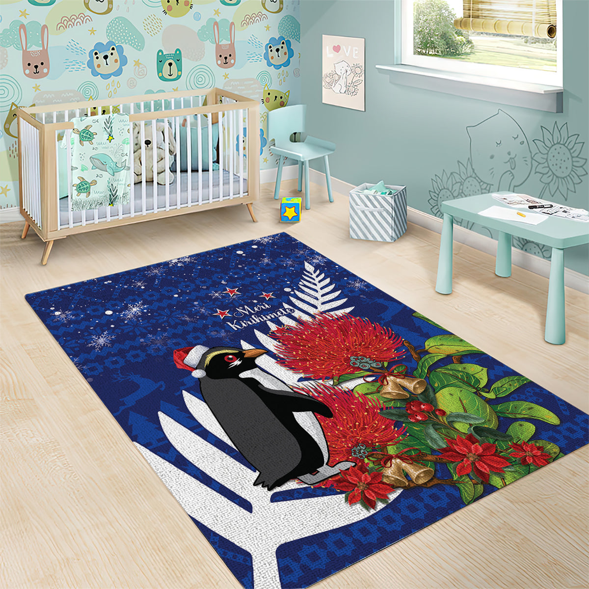 New Zealand Christmas In July Area Rug Fiordland Penguin With Pohutukawa Flower