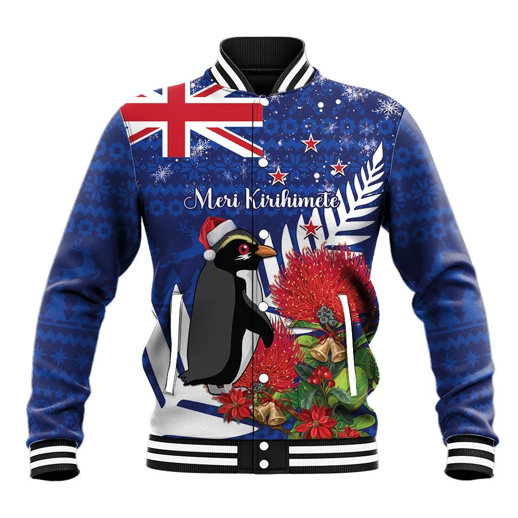 New Zealand Christmas In July Baseball Jacket Fiordland Penguin With Pohutukawa Flower