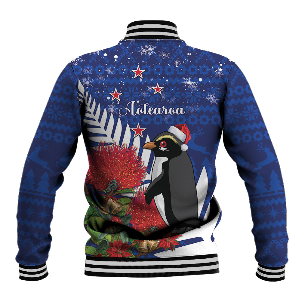 New Zealand Christmas In July Baseball Jacket Fiordland Penguin With Pohutukawa Flower