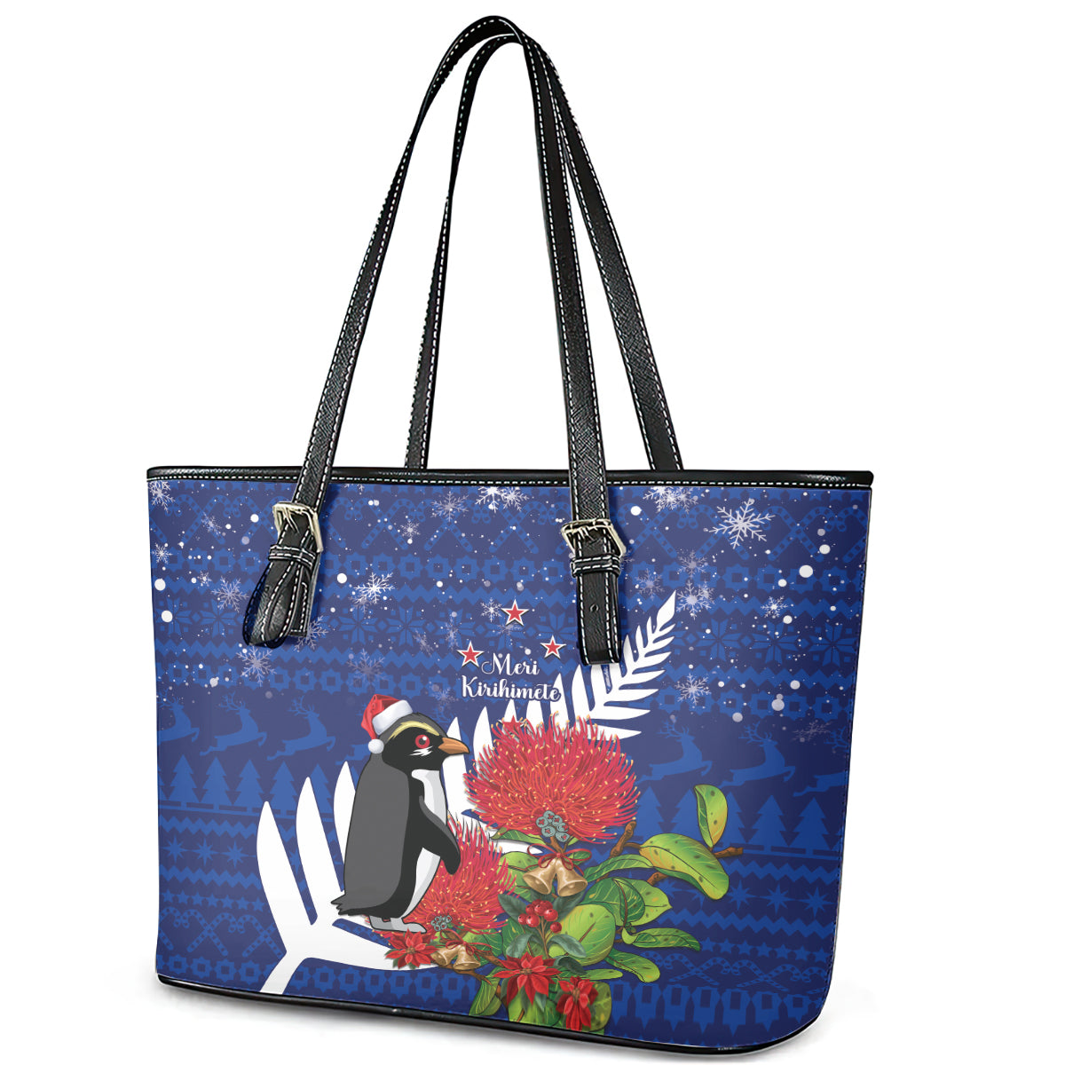 New Zealand Christmas In July Leather Tote Bag Fiordland Penguin With Pohutukawa Flower