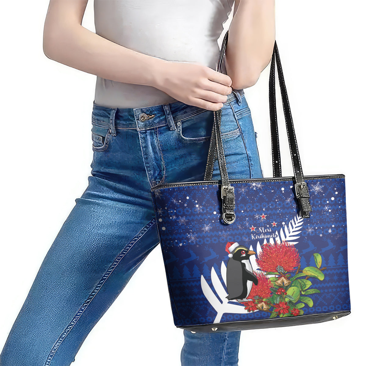 New Zealand Christmas In July Leather Tote Bag Fiordland Penguin With Pohutukawa Flower