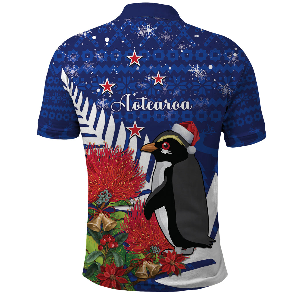 New Zealand Christmas In July Polo Shirt Fiordland Penguin With Pohutukawa Flower