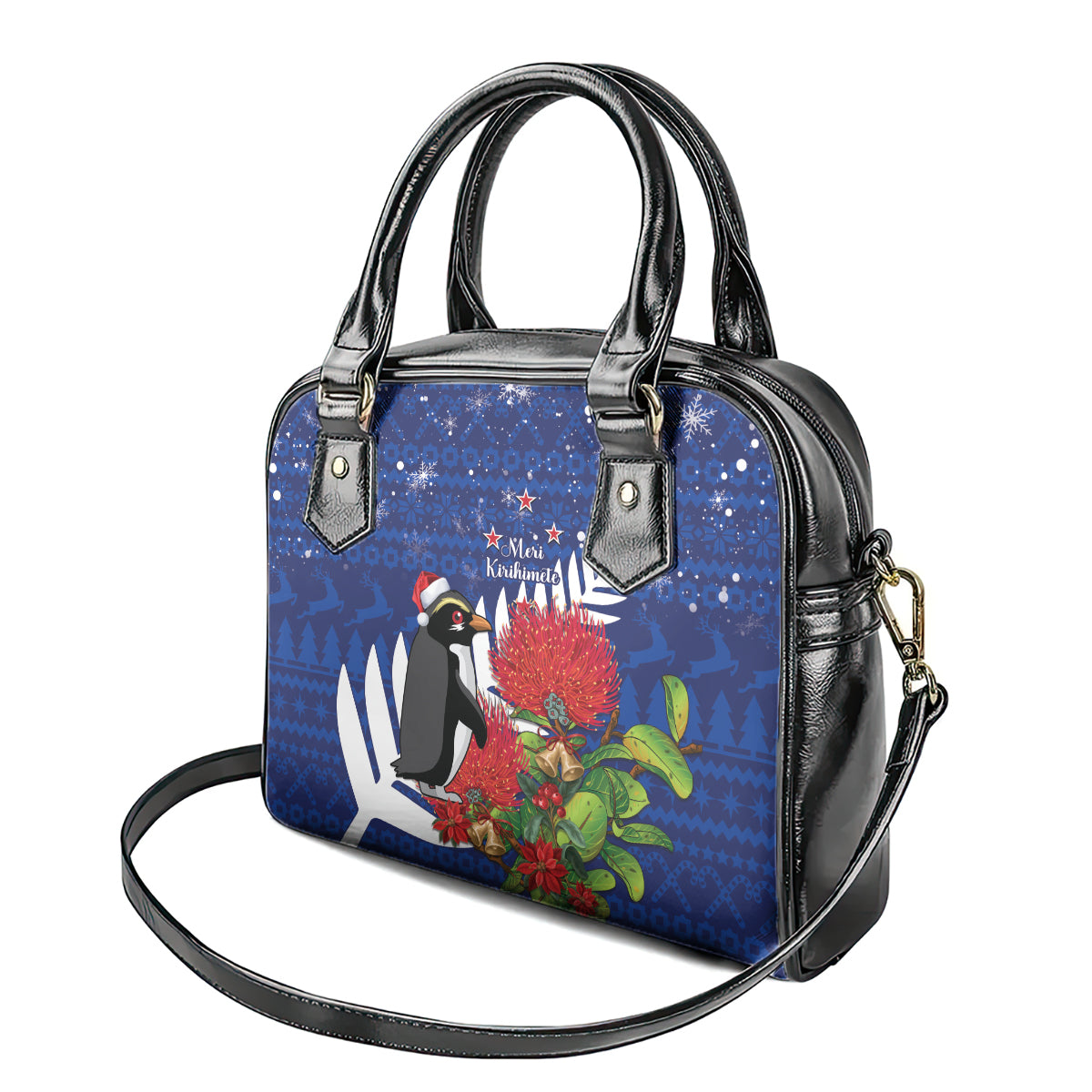 New Zealand Christmas In July Shoulder Handbag Fiordland Penguin With Pohutukawa Flower