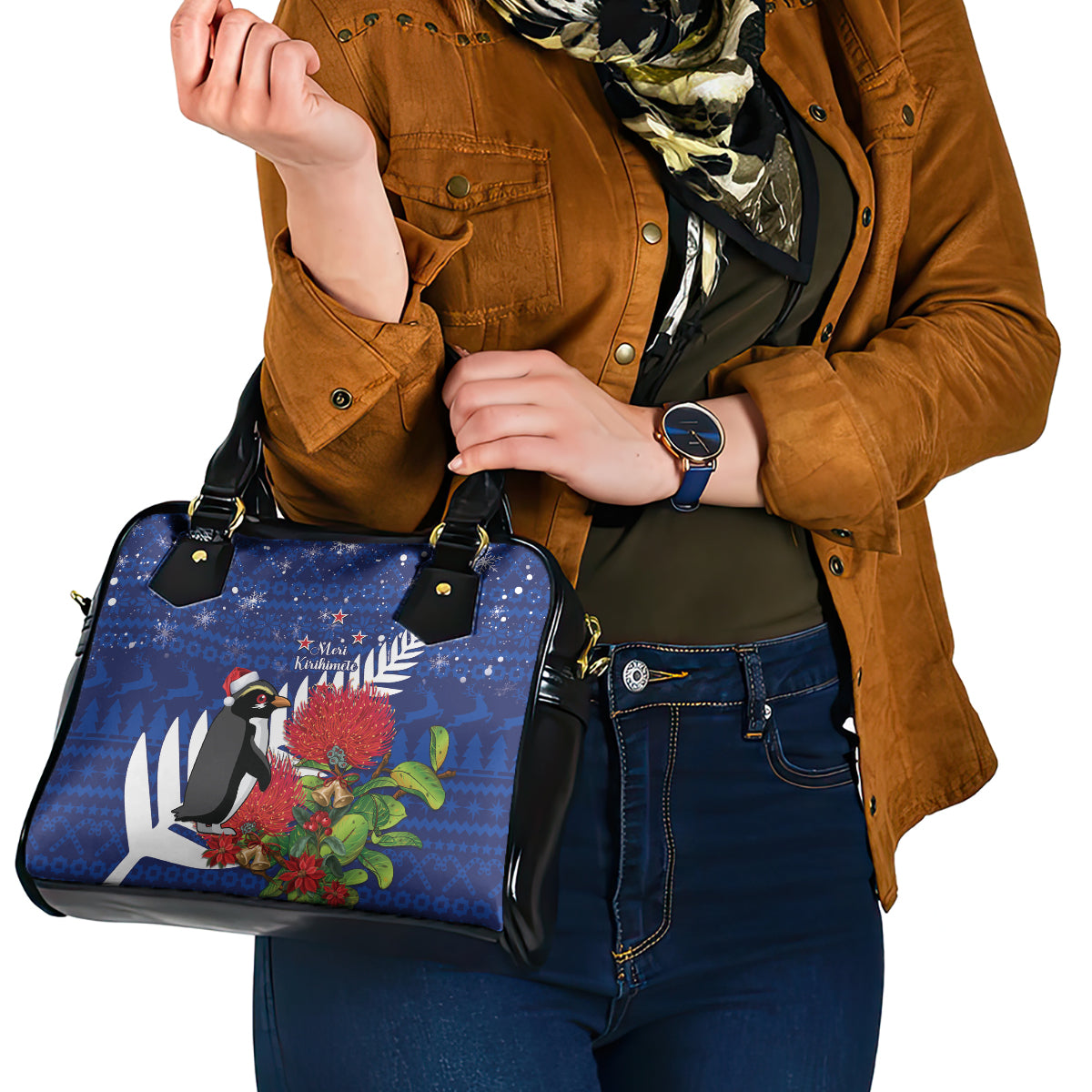 New Zealand Christmas In July Shoulder Handbag Fiordland Penguin With Pohutukawa Flower