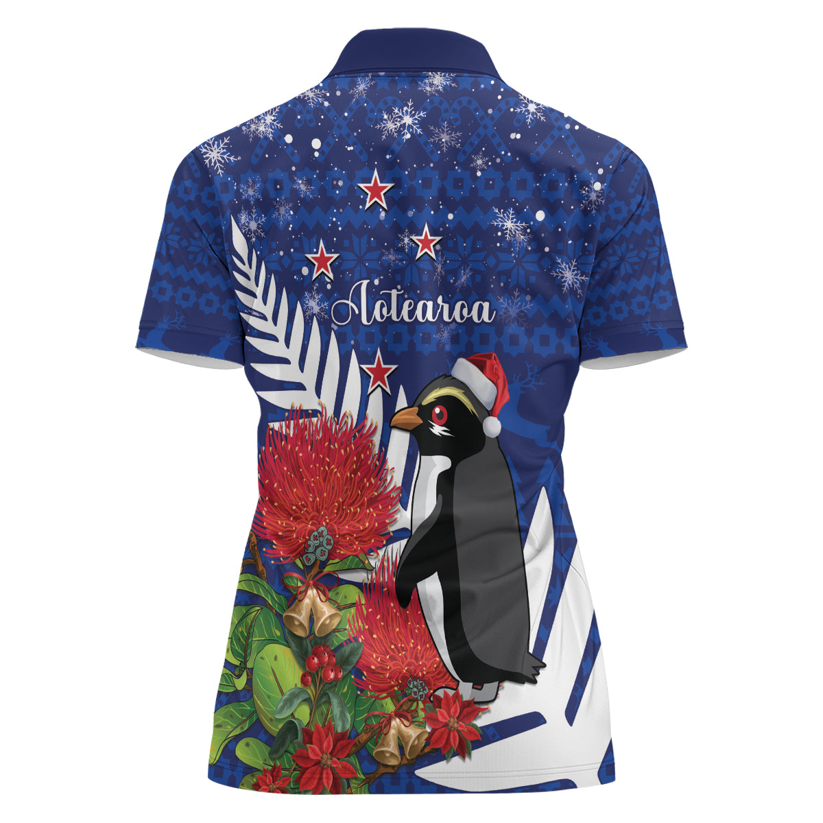 New Zealand Christmas In July Women Polo Shirt Fiordland Penguin With Pohutukawa Flower