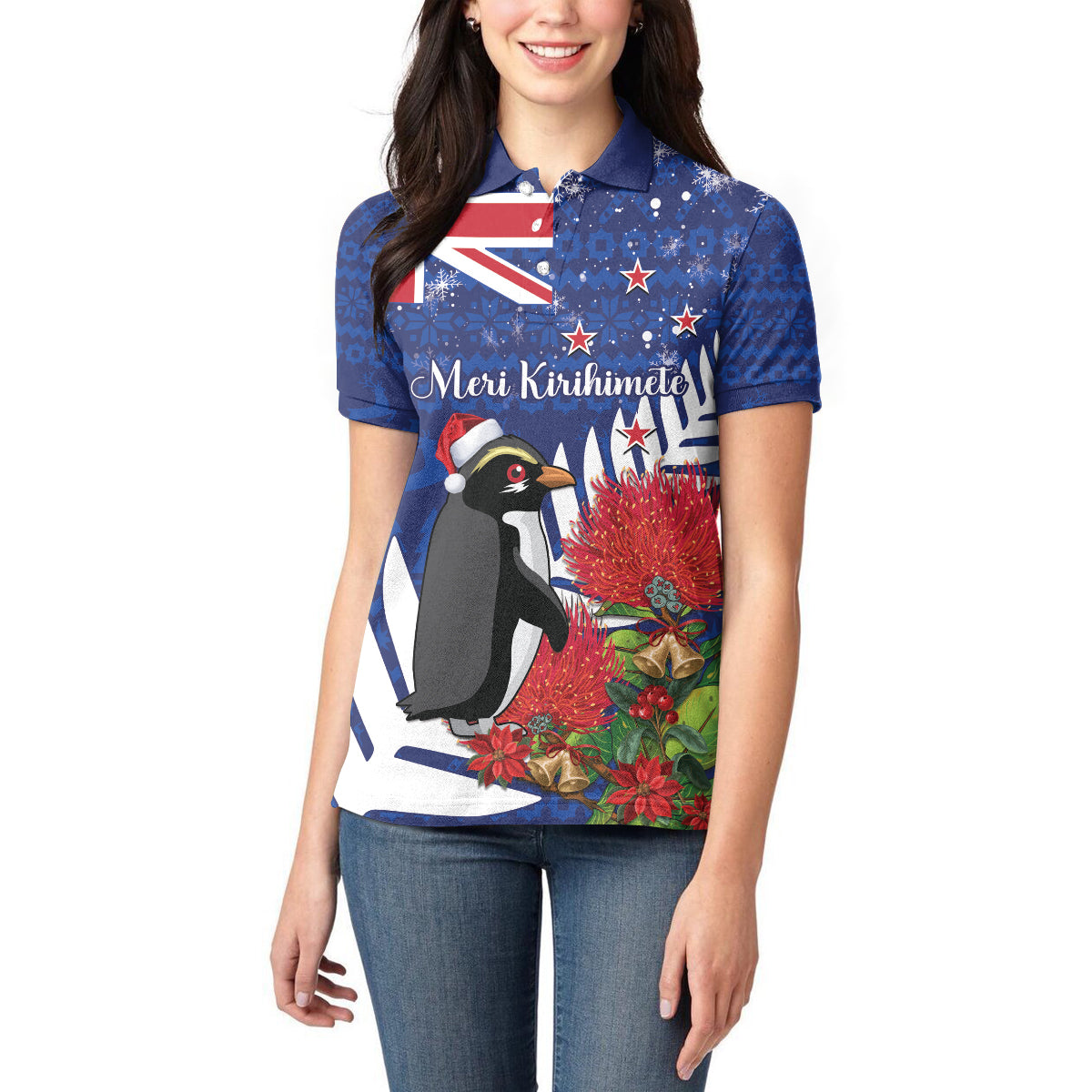 New Zealand Christmas In July Women Polo Shirt Fiordland Penguin With Pohutukawa Flower