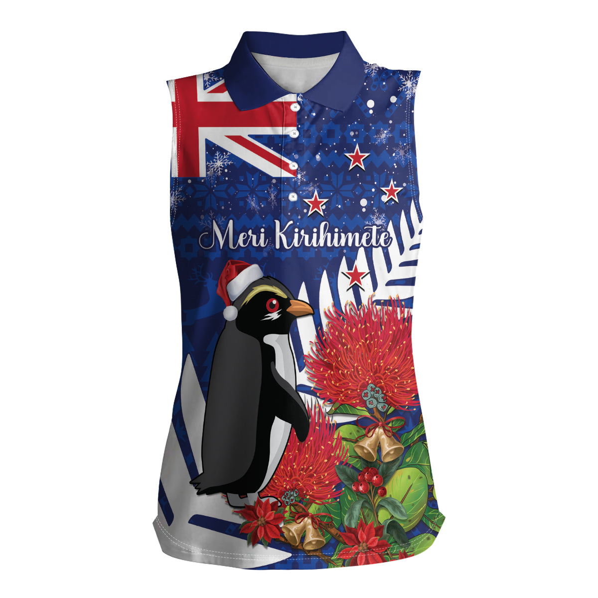 New Zealand Christmas In July Women Sleeveless Polo Shirt Fiordland Penguin With Pohutukawa Flower