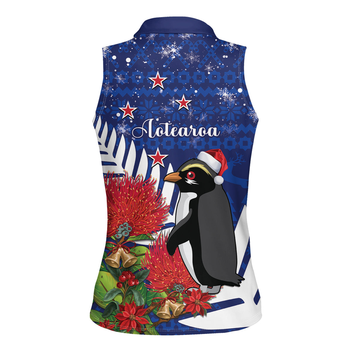 New Zealand Christmas In July Women Sleeveless Polo Shirt Fiordland Penguin With Pohutukawa Flower