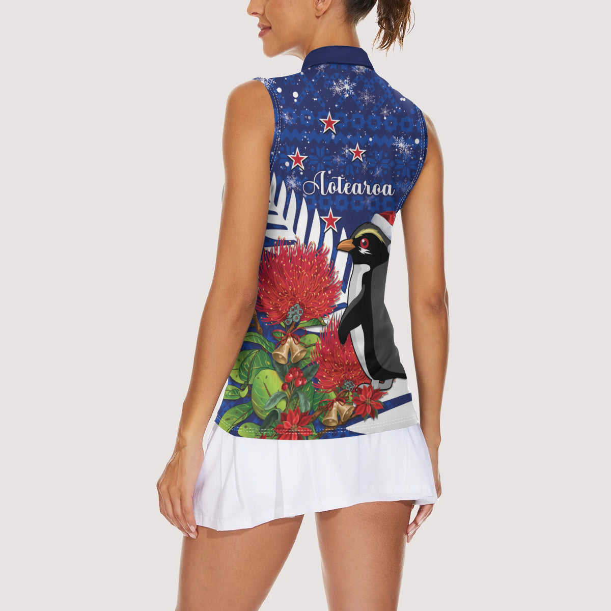 New Zealand Christmas In July Women Sleeveless Polo Shirt Fiordland Penguin With Pohutukawa Flower