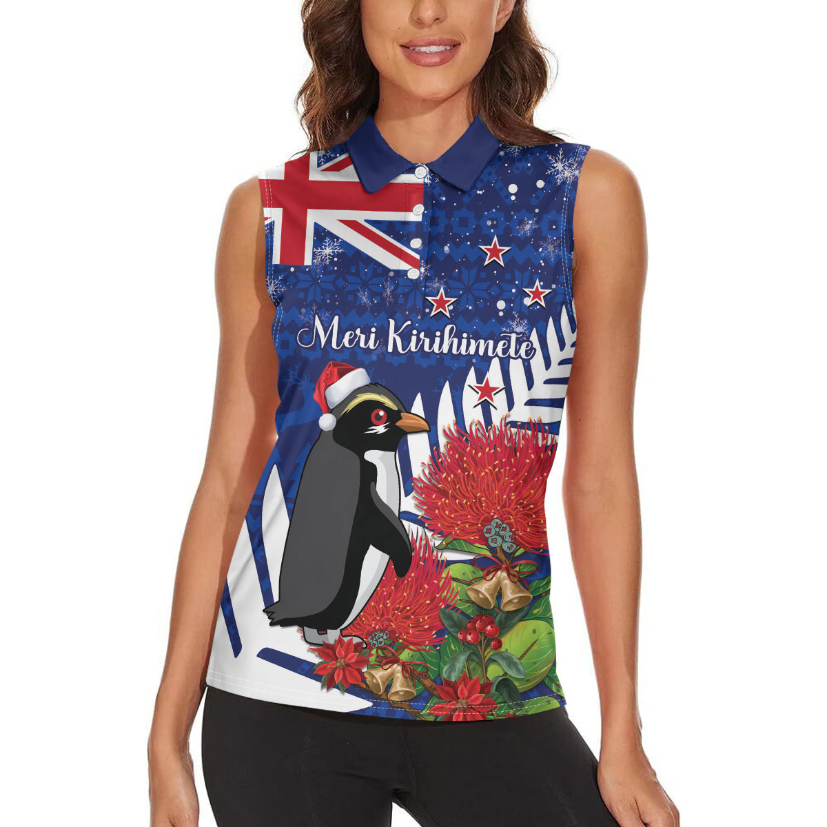 New Zealand Christmas In July Women Sleeveless Polo Shirt Fiordland Penguin With Pohutukawa Flower