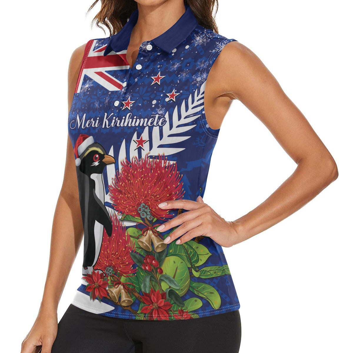 New Zealand Christmas In July Women Sleeveless Polo Shirt Fiordland Penguin With Pohutukawa Flower