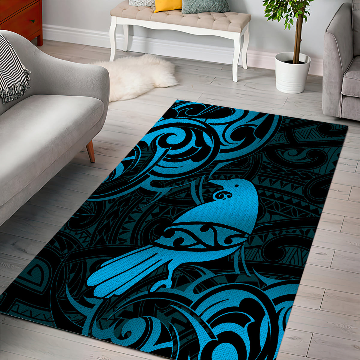 New Zealand Tui Bird Area Rug Aotearoa Maori Pattern - Blue