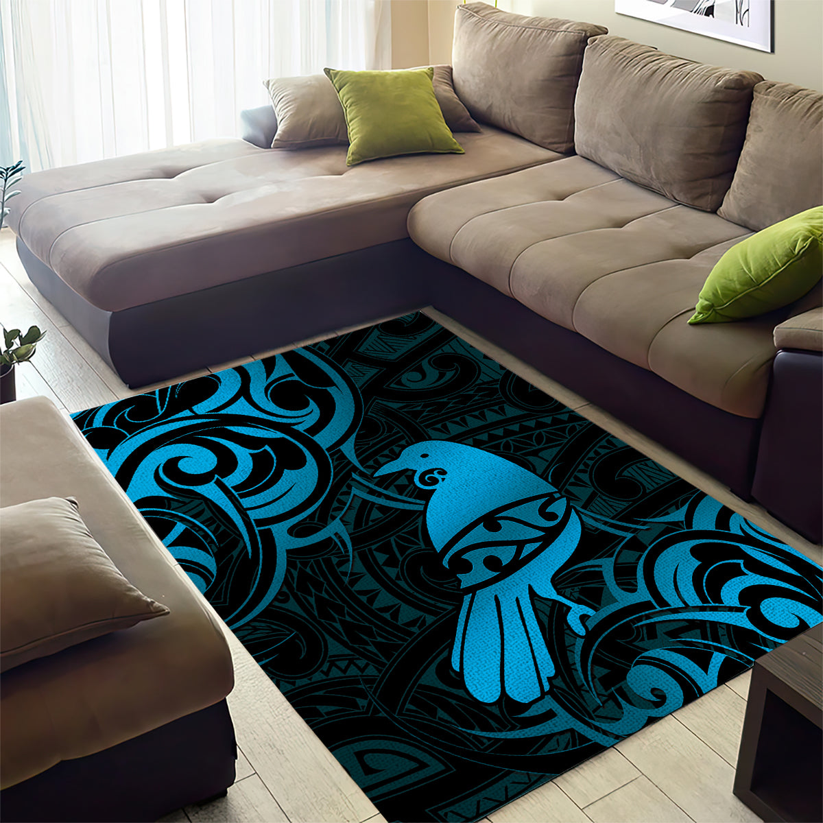 New Zealand Tui Bird Area Rug Aotearoa Maori Pattern - Blue