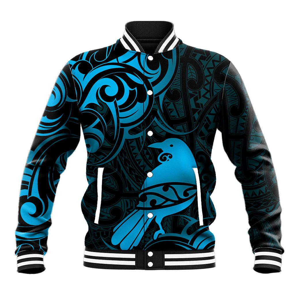 New Zealand Tui Bird Baseball Jacket Aotearoa Maori Pattern - Blue