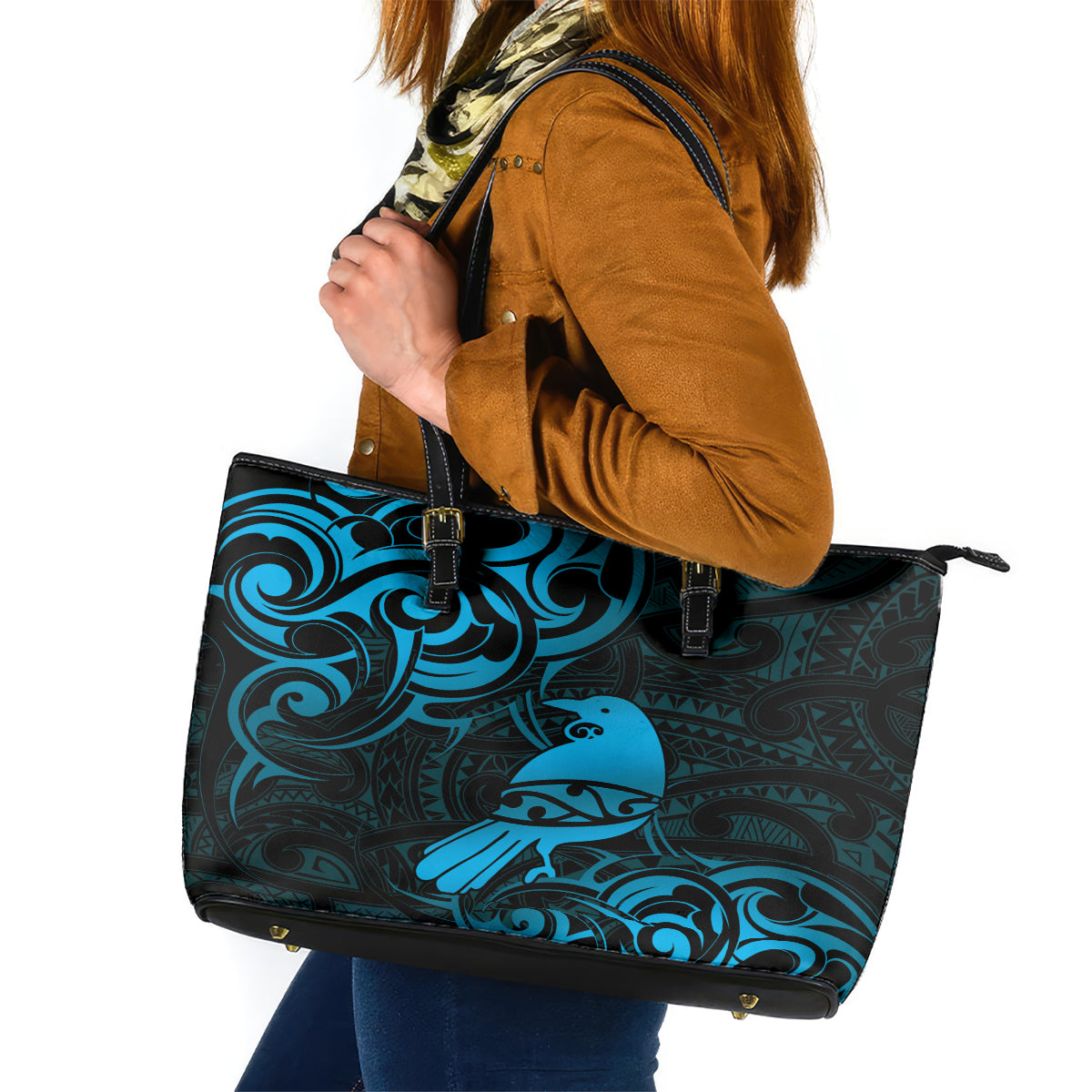 New Zealand Tui Bird Leather Tote Bag Aotearoa Maori Pattern - Blue