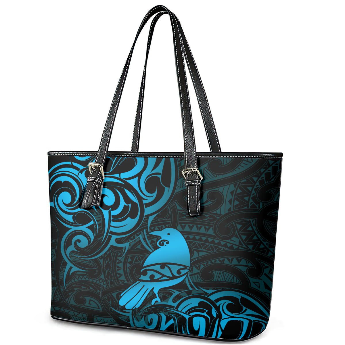 New Zealand Tui Bird Leather Tote Bag Aotearoa Maori Pattern - Blue