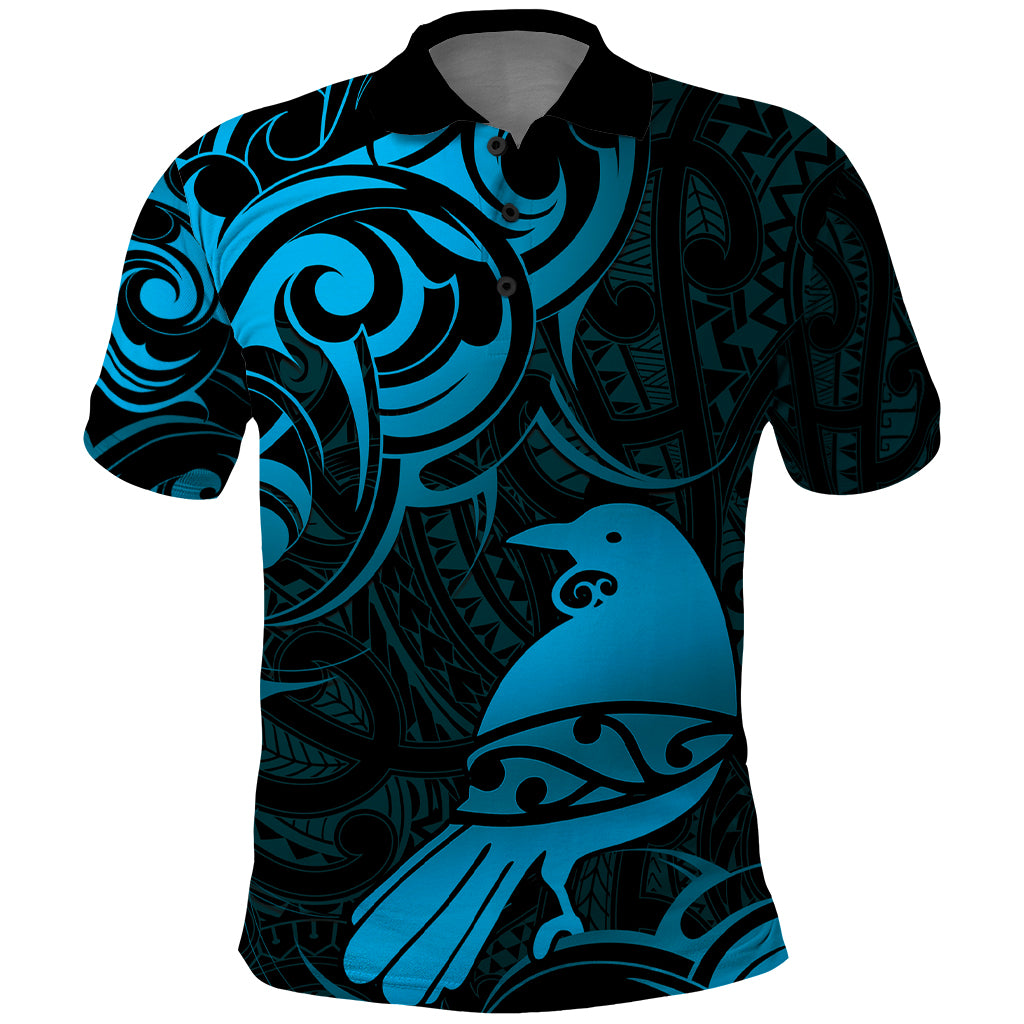 New Zealand Tui Bird Polo Shirt Aotearoa Maori Pattern - Blue