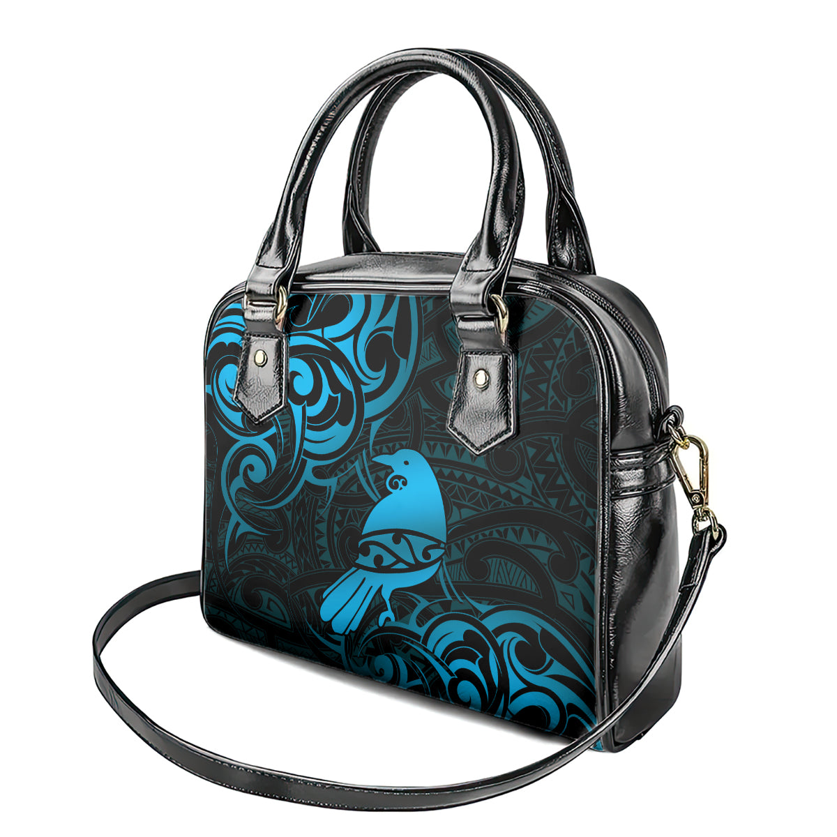 New Zealand Tui Bird Shoulder Handbag Aotearoa Maori Pattern - Blue