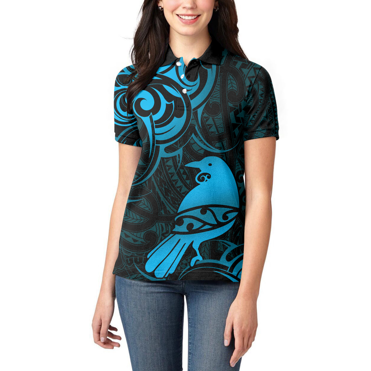 New Zealand Tui Bird Women Polo Shirt Aotearoa Maori Pattern - Blue