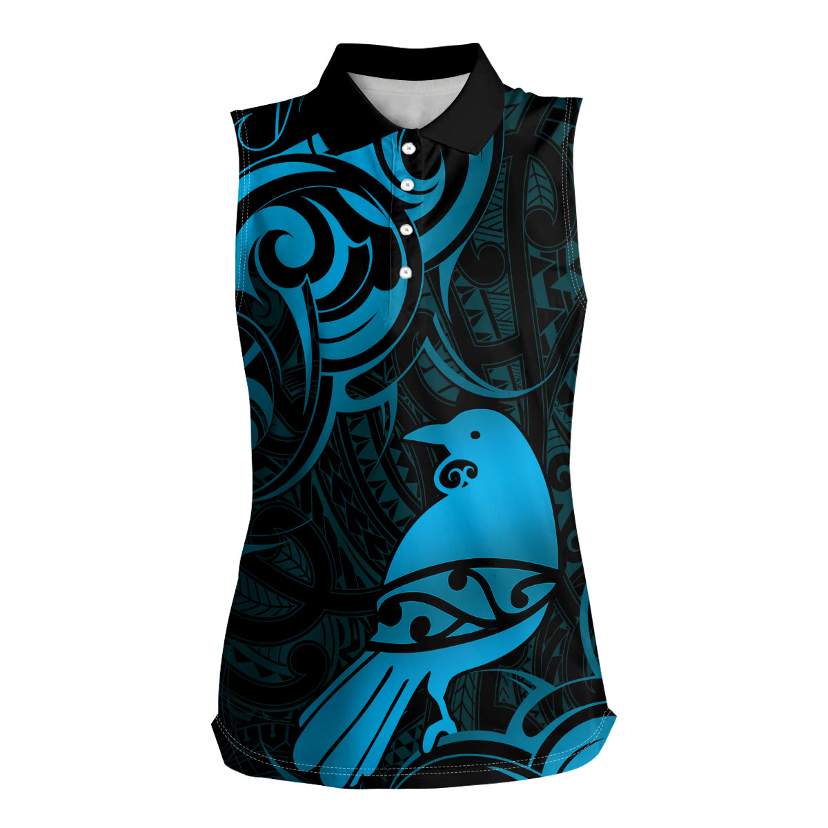 New Zealand Tui Bird Women Sleeveless Polo Shirt Aotearoa Maori Pattern - Blue