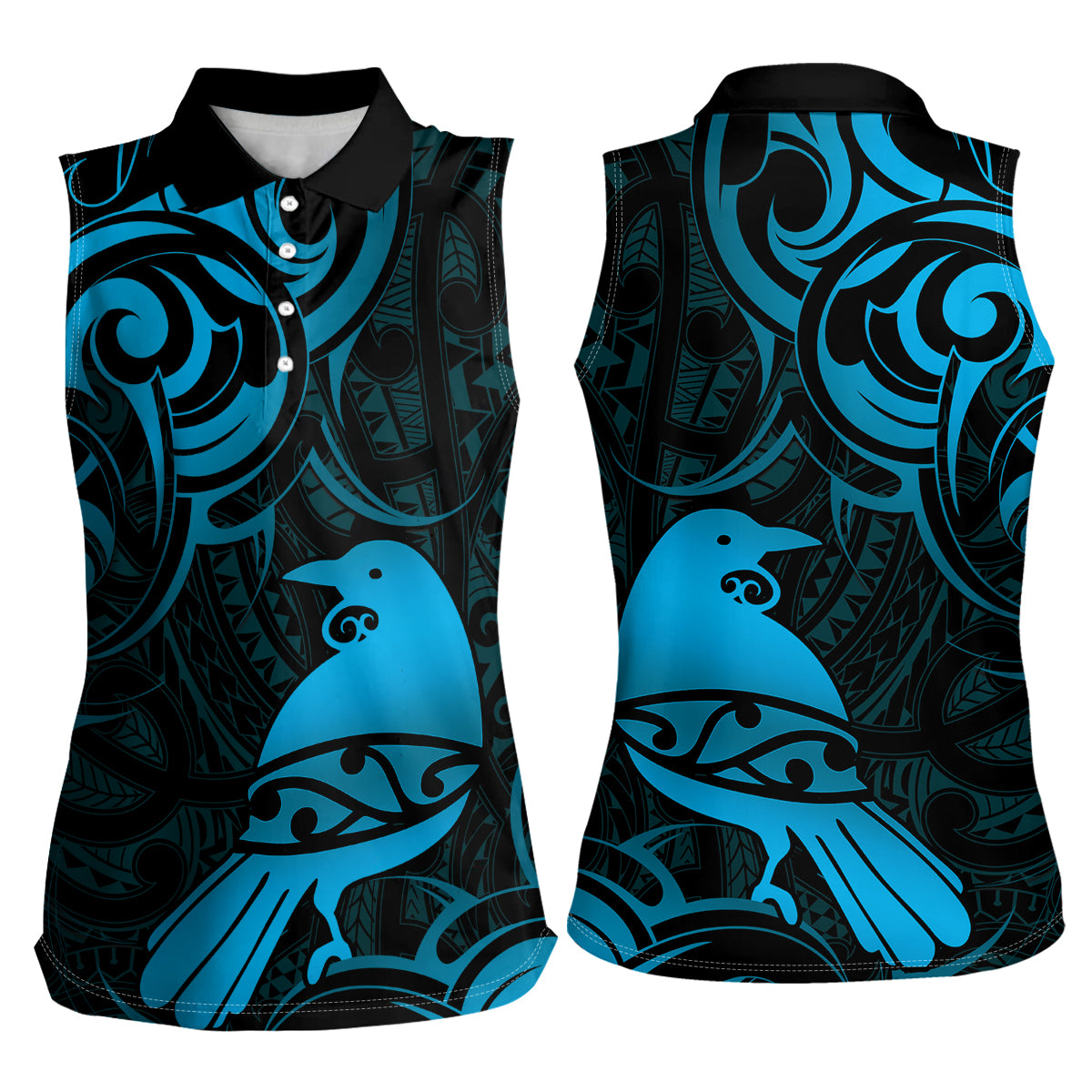 New Zealand Tui Bird Women Sleeveless Polo Shirt Aotearoa Maori Pattern - Blue