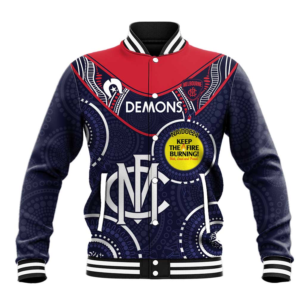 Custom AFL Demons NAIDOC Week Baseball Jacket Keep The Fire Burning Indigenous Art