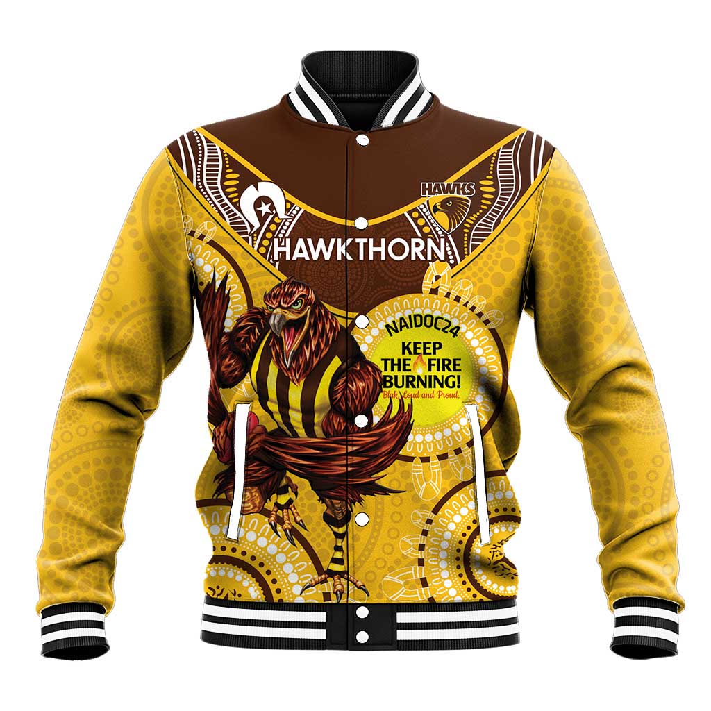 Custom AFL Hawkthorn NAIDOC Week Baseball Jacket Keep The Fire Burning Indigenous Art