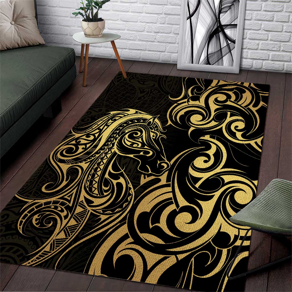 Gold And Black Aoteara Horse Racing Area Rug NZ Maori Pattern