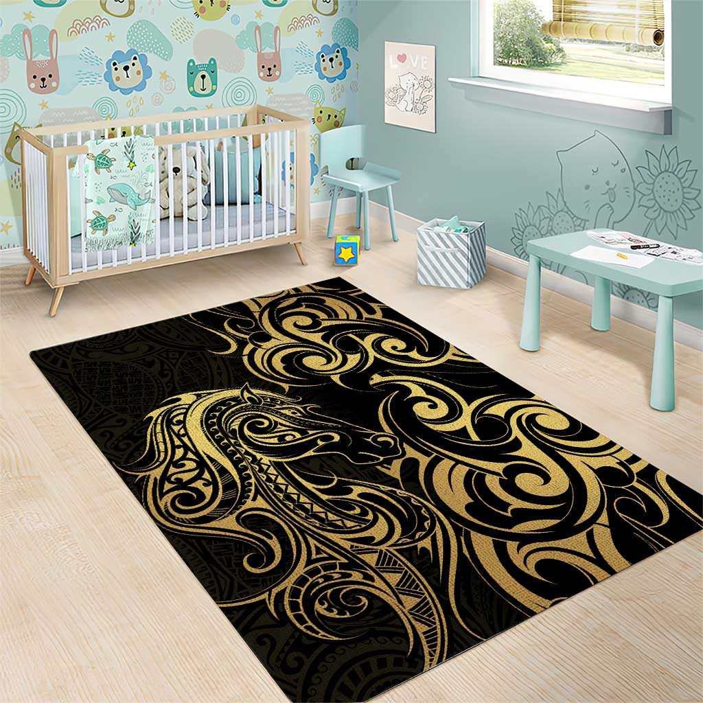 Gold And Black Aoteara Horse Racing Area Rug NZ Maori Pattern