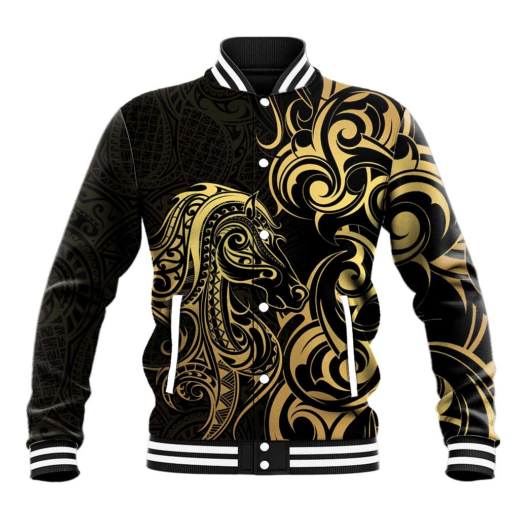 Gold And Black Aoteara Horse Racing Baseball Jacket NZ Maori Pattern