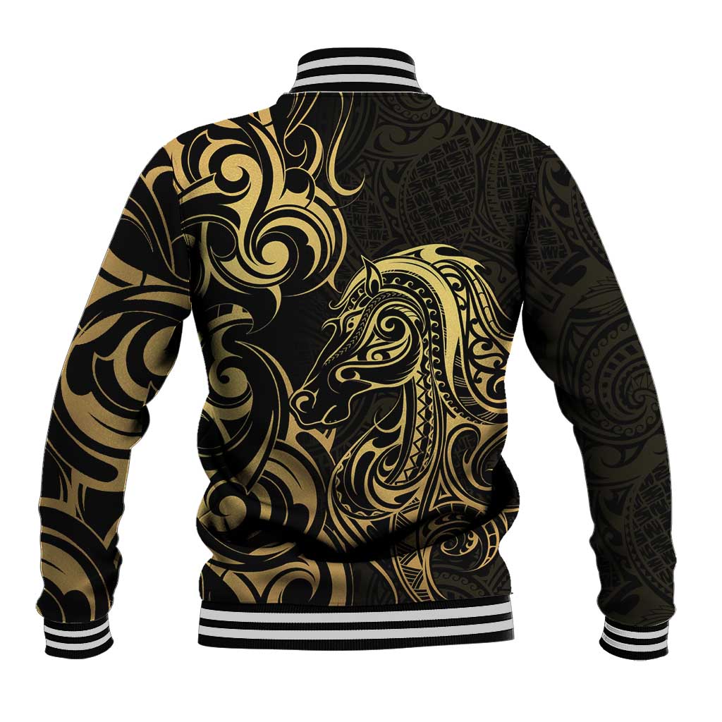 Gold And Black Aoteara Horse Racing Baseball Jacket NZ Maori Pattern