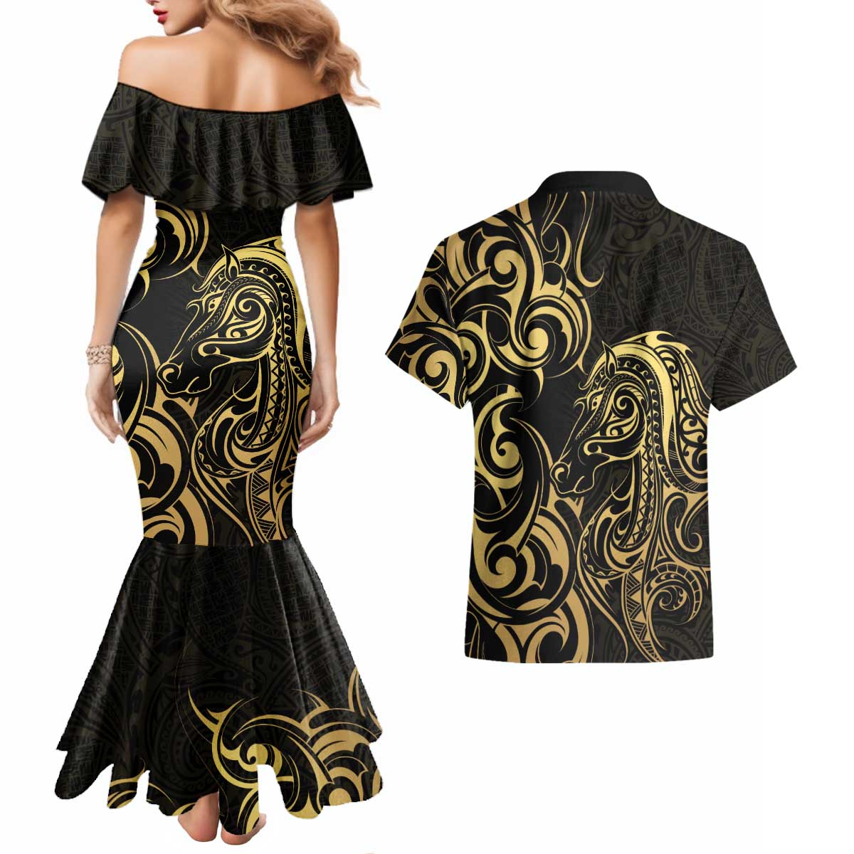 Gold And Black Aoteara Horse Racing Couples Matching Mermaid Dress and Hawaiian Shirt NZ Maori Pattern